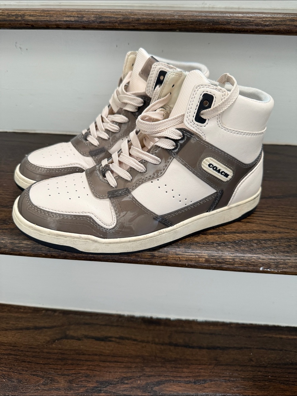 Coach Men’s High-Top Sneakers in Cream and Taupe Patent